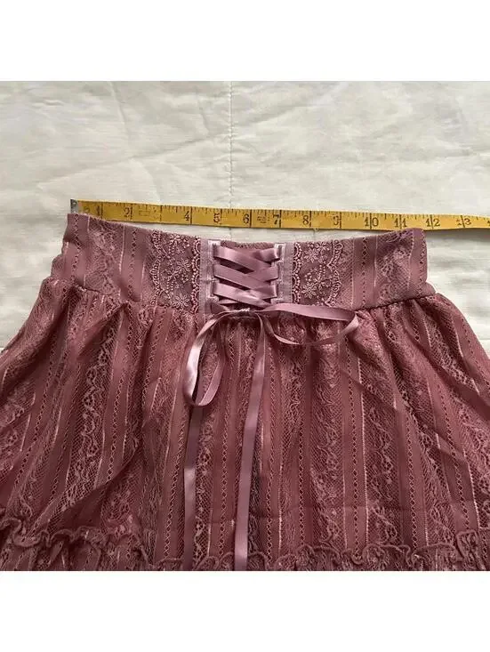 Axes Femme Pink lace skirt with corset lacing ribbon bow Size medium - Picture 6 of 7